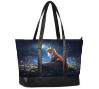 Ethebre Fox Moon Flowers - Borsa per computer da donna, in tela, con manico in pelle, grande capacità, per ufficio, lavoro, viaggi, scuola