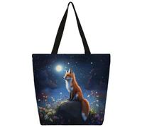 Ethebre Fox Moon Flowers - Borsa tote da donna in tela riutilizzabile con tasca interna con cerniera, graziosa stampa casual, lavoro, viaggi, shopping, regalo