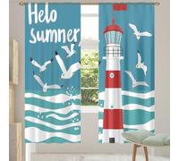 Ethebre Hello Summer - Tende trasparenti con motivo gabbiano e faro, lunghe 198,12 cm, set di 2 pannelli, in voile, filtranti la luce, con tasca per asta, tende per la privacy, per soggiorno, camera
