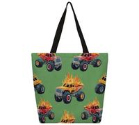 Ethebre Monster Trucks Fire Pattern Canvas Tote Bag per le donne Borsa a tracolla riutilizzabile con tasca interna con cerniera carino stampato casual quotidiano lavoro viaggi shopping shopping Tote