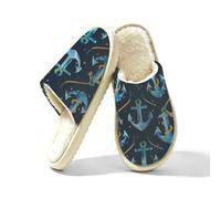 Ethebre Pantofole vintage blu con motivo di ancore per donne e uomini, comode e calde scarpe da casa in peluche a punta chiusa in memory foam pantofole invernali per camera da letto con suola