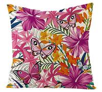 Ethereval Lino Copricuscini da Esterno Federa Cuscino Letto Singolo 4Pcs, Farfalle E Fiori Federe Cuscini One Piece Fodera per Cuscino Amaca Arancio Fucsia 50x50cm
