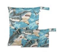 EtherSpher Animali con occhiali squali che inseguono borsa impermeabile lavabile confezione da 2 elementi essenziali da viaggio per bambini con manici per pannolini per bambini, bagno