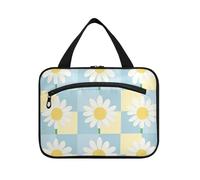 EtherSpher Blu Checked Daisy Flower appeso viaggio trucco borsa con gancio, designer impermeabile cura della pelle borsa per le signore crociere bolso de mano para hombre L, Margherita a quadretti blu