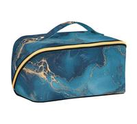 EtherSpher Blue and Gold Marble Texture Designed Makeup Bag con divisori Grande borsa cosmetica da viaggio per le donne con scomparti e maniglia