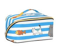 EtherSpher Blue White Striped Cat Fish Progettato Trucco Borse con Divisori Essenziali Borse Da Viaggio Per Le Donne Verticale Free-Standing