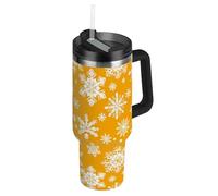 EtherSpher Borraccia grande riutilizzabile con motivo fiocchi di neve gialli, con coperchio e cannuccia, tazza decorativa da viaggio per casa, ufficio o auto, in acciaio inox, para agua 1,18 ml