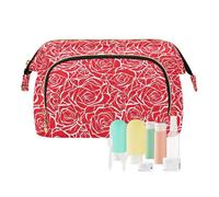 EtherSpher Borsa da viaggio per cosmetici portatile con fiori rossi per organizzare le chiavi della carta, Disegno al tratto di fiori di rosa rossa, 1 size