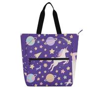 EtherSpher Borsa decorativa per libri per bambini, donne e uomini, una graziosa borsa viola con unicorni cosmici in stile cartone animato, impermeabile, borsa della spesa con cerniera per scuola
