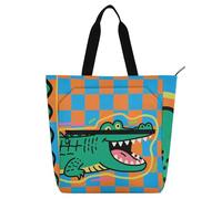 EtherSpher Borsa decorativa per libri per ragazzi ragazze donne, carino coccodrillo verde scacchiera impermeabile riutilizzabile borsa per libri borsa della spesa con cerniera per scuola lavoro viaggi