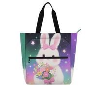 EtherSpher Borsa decorativa per libri per ragazzi, ragazze, donne, un simpatico coniglio bianco cartone animato, robusta borsa tote per insegnanti, con tasche interne per scuola e tempo di gioco
