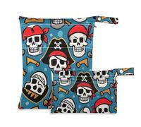 EtherSpher Borsa impermeabile impermeabile a prova di disordine con teschio dei pirati dei cartoni animati, confezione da 2 pezzi essenziali da viaggio per bambini con manici per fare il bagno, fare