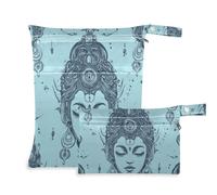 EtherSpher Borsa impermeabile lavabile a secco con testa di dea blu chiaro, stile bohémien, confezione da 2 pezzi essenziali da viaggio per bambini, con manici per spiaggia, spiaggia