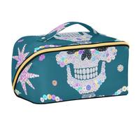 EtherSpher Borsa per il trucco con finti lustrini glitterati blu a forma di teschio, con divisori e leggera, con scomparti e manico