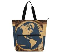 EtherSpher Borsa tote decorativa per bambini per ragazzi ragazze donne, retrò continente americano marrone blu borsa tote impermeabile riutilizzabile borsa della spesa con cerniera per scuola e tempo