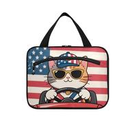EtherSpher Cartone animato carino gatto giallo 4 luglio giorno dell'indipendenza appeso trucco borsa per le donne con gancio, designer chic articoli da toeletta borsa per viaggio essenziali crociere
