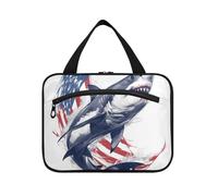 EtherSpher Cartoon Great White Fish Sea 4 ° luglio Giorno dell'indipendenza appeso grande borsa per il trucco con gancio, designer carino borse trucco per crociera viaggio lavoro estuche para