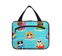 EtherSpher Cat Dog Swim Summer Blue Cartoon appeso grande borsa per il trucco con gancio, designer necessità trucco borsa cosmetica per le signore toilette bolsa para maquillaje L, Gatto cane nuoto