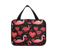 EtherSpher Flamingos Red Peach Black Hearts Hanging Travel Makeup Bag Large with hook, designer chic skincare bag for cruise travel cruises estuche para brochas maquillaje L, Fenicotteri rosso pesca