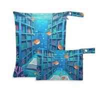 EtherSpher Funny Ocean Library Book Fish Blue Messproof Dry Bags 2 Pack Travel Essentials per volare con manici per pannolini per bambini, palestra
