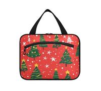 EtherSpher Merry Christmas Trees on A Red Background Hanging trucco borsa da viaggio con gancio, designer essenziale snack bag per viaggiatori campeggio bolsas para maquillaje de mujer L, Buon Natale