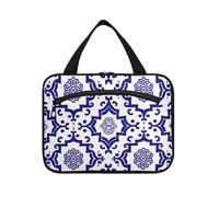 EtherSpher Modelli geometrici cinesi blu scuro appeso borsa da viaggio appeso con gancio, accessori di design organizzatore cosmetico per le donne lavoro bolsa de maquillaje para mujer L, Modelli