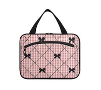 EtherSpher Nero e Rosa Bow Check appeso borsa da toilette da viaggio con gancio, designer pieghevole cura della pelle borsa per papà campeggio bolsos para hombre L, Fiocco nero e rosa a quadri, Large