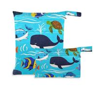 EtherSpher Ocean Whale Turtle Fish Blue Sea Borsa per vestiti sporchi lavabile, confezione da 2 sacchetti bagnati per costume da bagno con manici per viaggi, palestra