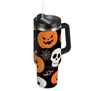 EtherSpher Orange Evil Halloween Skeleton Bottiglia d'acqua riutilizzabile con manico con cannuccia resistente alle perdite Flip Decorativa to Go Tazza da caffè per scuola, sport, asilo nido
