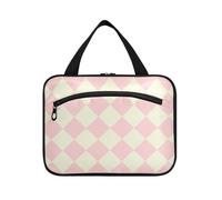 EtherSpher Peach Beige Checker appeso borse da toilette da viaggio con gancio, designer chic appeso borsa per il trucco per gli elementi essenziali da viaggio viaggio estuche para guardar maquillaje L