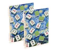 EtherSpher Quaderno formato A5 con copertina rigida blu cinese Mahjong rilegato 21,1 x 14,5 cm, copertina rigida a righe larghe a spirale, 60 fogli per scuola e ufficio, confezione da 2
