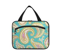 EtherSpher Retro Fashion Flower Paisley Oro Turchese appeso borsa per il viaggio con gancio, designer borsa portatile trucco per auto per mamma viaggio estuche para guardar maquillaje L, Moda retrò