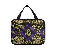 EtherSpher Retro Fashion Flower Paisley Oro Viola appeso trucco borse per le donne con gancio, designer pieghevole trucco caso per le donne viaggio toilette kit de para mujer L, Moda retrò fiore