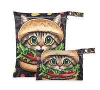 EtherSpher Sacchetti riutilizzabili per spiaggia con gattino hamburger cartone animato, confezione da 2 sacchetti bagnati per costume da bagno con manici per pannolini per bambini, viaggio