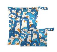 EtherSpher Simpatico cartone animato pinguino blu con cerniera borse bagnate confezione da 2 borse per pannolini oggetti essenziali con manici per il bagno, asilo nido