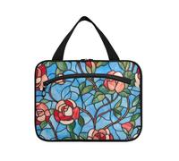 EtherSpher Stained Glass Blooming Rose Floral appeso trucco borsa cosmetica da viaggio con gancio, designer espandibili appeso borse da toilette per le donne bagno bolso de para mujer L, Vetro