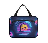 EtherSpher Summer Neon Coconut Tree Tramonto appeso trucco borsa viaggio con gancio, designer borsa pieghevole con scomparti per adulti viaggio estuche para maquillaje L, Estate neon Cocco albero