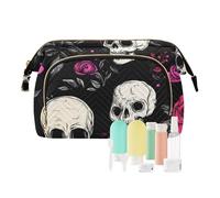 EtherSpher Teschio e Rosa Nero San Valentino Makeup Bag Leggero Viaggio Trucco Borse Da Viaggio Portamonete Portafoglio da Donna per Articoli da toeletta Kit Da Viaggio, Teschio e rosa nero San
