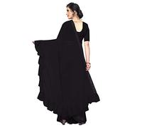 ETHNICMODE Women's Georgette Double Ruffle Style Saree with Blouse Piece (Multi-Color_Free_Size) Frill Black