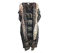 Ethnique Mode Caftano Lungo con Stampa Elefanti, Stile Boho, Vestito da Spiaggia in Cotone, Caftano lungo da donna (Nero, Taglia Unica)
