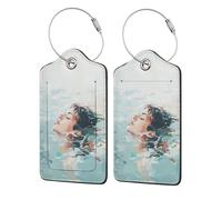 Etichetta per bagagli astratta con donna che nuota nel mare per valigia, confezione da 2 etichette per bagagli in pelle con patta per la privacy, etichetta identificativa con nome e anello in metallo