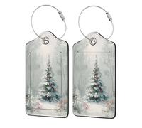 Etichetta per bagagli con albero di Natale nel bosco, confezione da 2 etichette per bagagli in pelle con patta per la privacy, etichetta identificativa con nome e anello in metallo, per donne e uomini