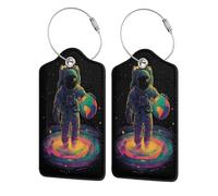 Etichetta per bagagli con astronauta che tiene il pianeta terra per valigia, confezione da 2 etichette per bagagli in pelle con patta per la privacy, etichetta identificativa con nome e anello in