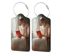 Etichetta per bagagli con bella donna che legge per valigie, confezione da 2 etichette per bagagli in pelle con patta per la privacy, etichetta identificativa con nome e anello in metallo, per donne e