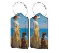 Etichetta per bagagli con cane marrone by The Sea per valigia, confezione da 2 etichette per bagagli in pelle con patta per la privacy, etichetta identificativa con nome e anello in metallo, per donne