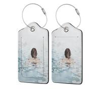 Etichetta per bagagli con donna che nuota nel mare per valigia, confezione da 2 etichette per bagagli in pelle con patta per la privacy, etichetta identificativa con nome e anello in metallo, per