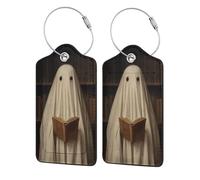 Etichetta per bagagli con figura spettrale che legge nella biblioteca per valigia, confezione da 2 etichette per bagagli in pelle con patta per la privacy, etichetta identificativa con nome e anello