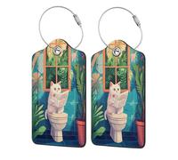 Etichetta per bagagli con gatto bianco che legge giornale sul WC, confezione da 2 etichette per bagagli in pelle con patta per la privacy, etichetta identificativa con nome e anello in metallo, per