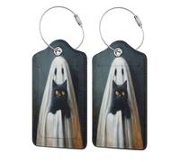 Etichetta per bagagli con gatto con fantasma stravagante in un foglio bianco con gatto per valigia, confezione da 2 etichette per bagagli in pelle con patta per la privacy, etichetta identificativa