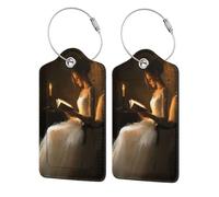 Etichetta per bagagli con scritta "Woman Reading by The Candle", confezione da 2 etichette per bagagli in pelle con patta per la privacy, etichetta identificativa con nome e anello in metallo, per